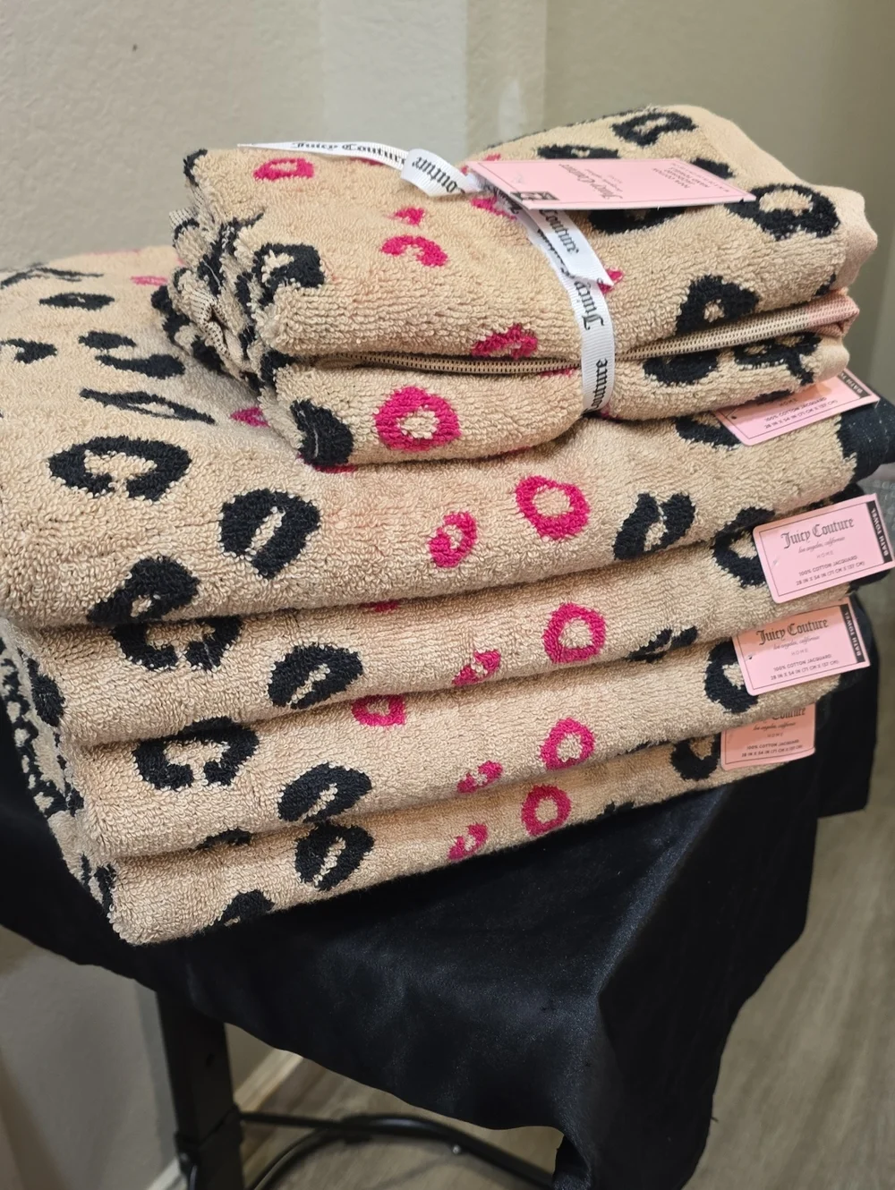 Juicy Couture Home Leopard Logo Print Plush Oversized Bath & Hand Towel Set